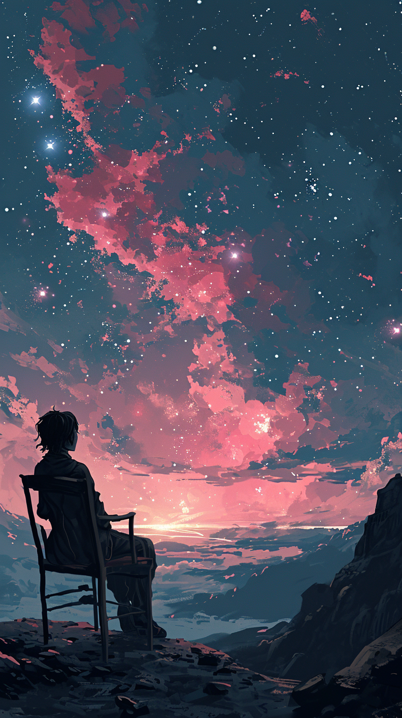 Alien gazing at stars in anime aesthetic