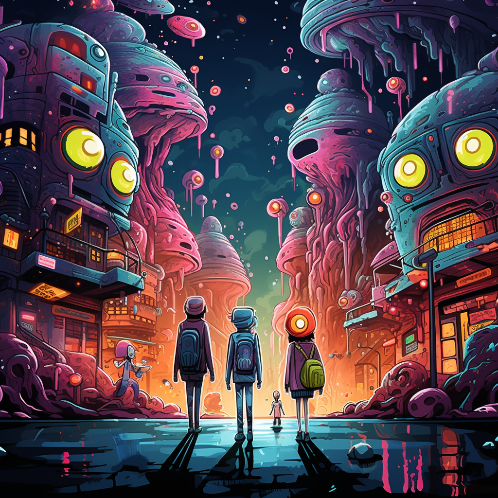 Colorful anime-like alien city with business aliens