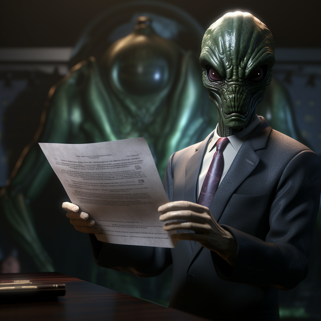 Photorealistic alien handing document to US official