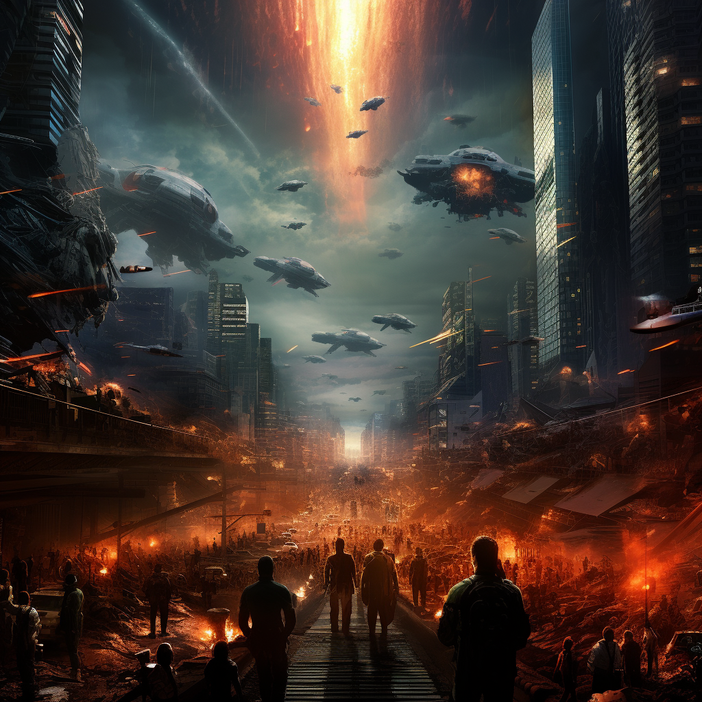 Alien invasion with city destruction and resistance