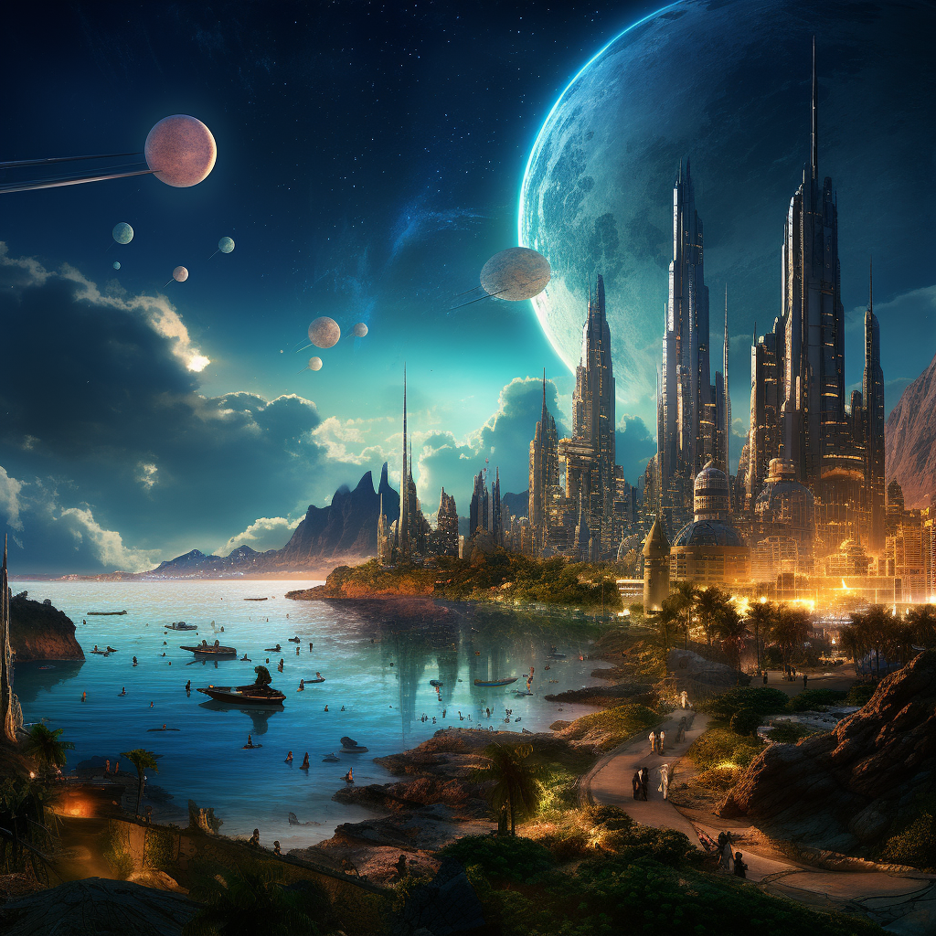 Vibrant alien cityscape by the mesmerizing seaside