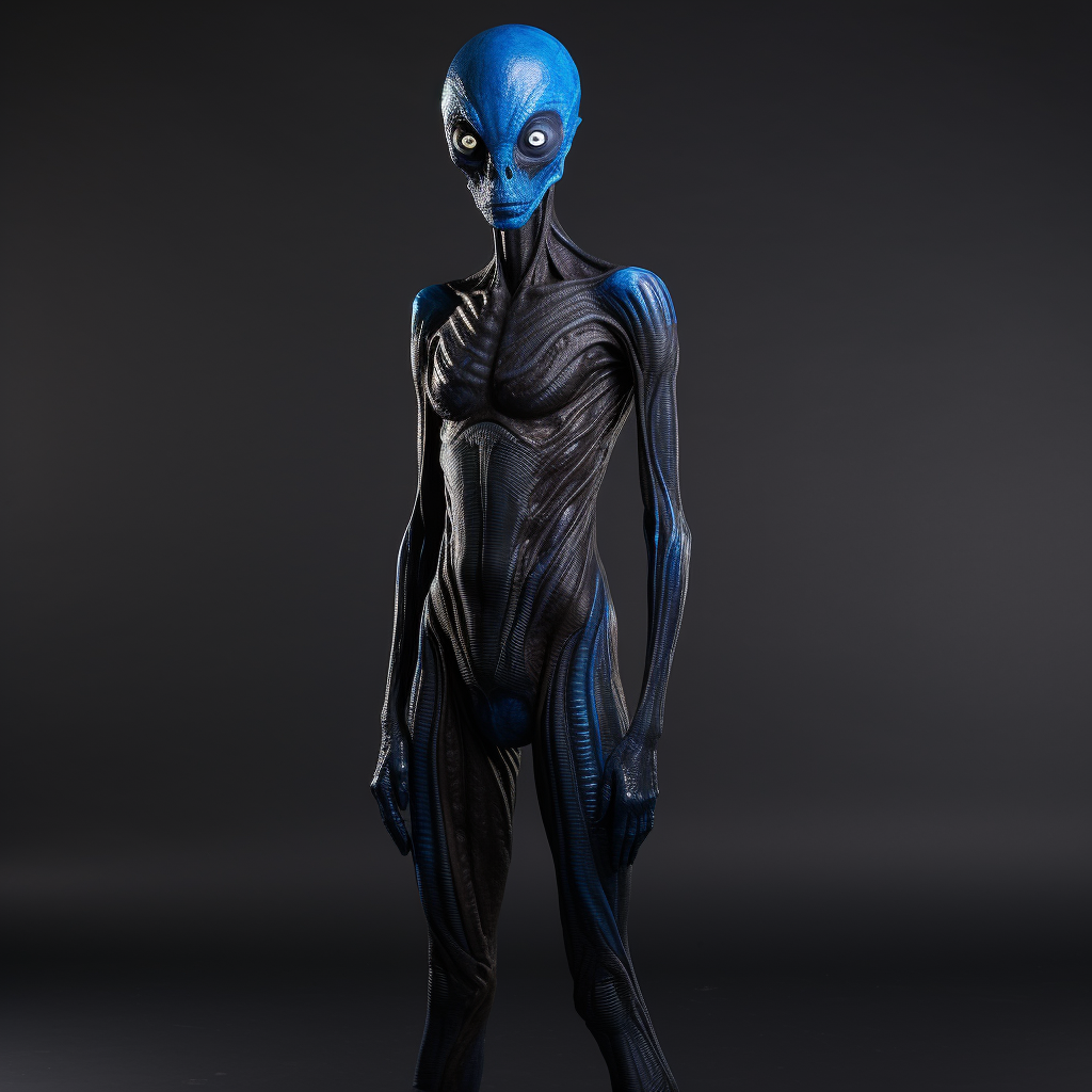 Tall skinny alien model with big blue eyes