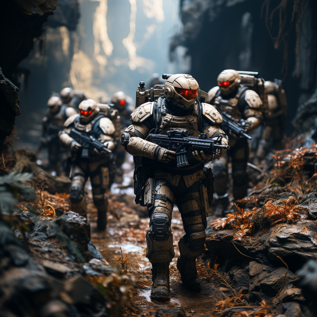 Diverse soldiers navigating hostile alien landscape