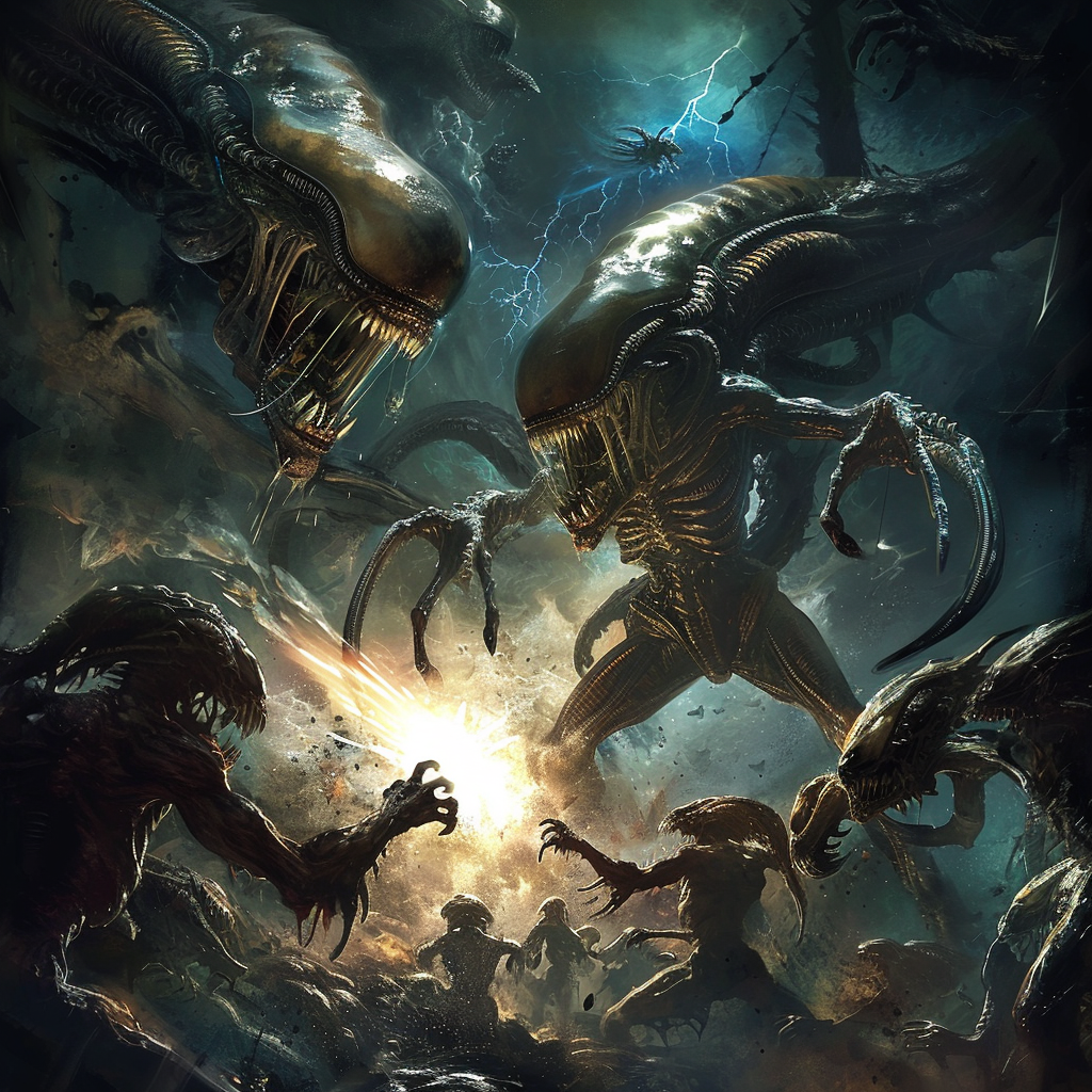 Aliens fighting demons stock photo