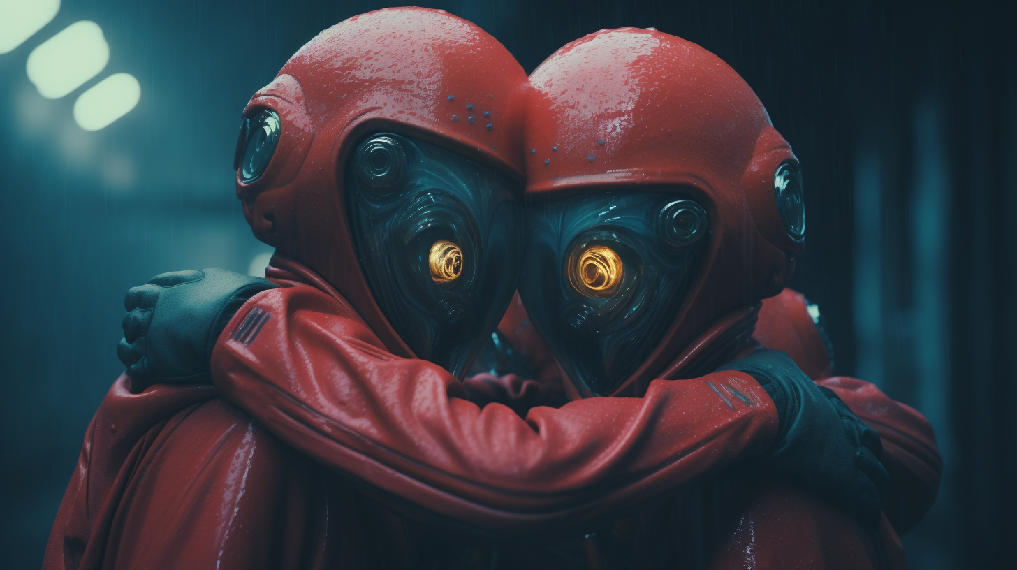 Group of aliens hugging eachother in dystopian cyberpunk setting