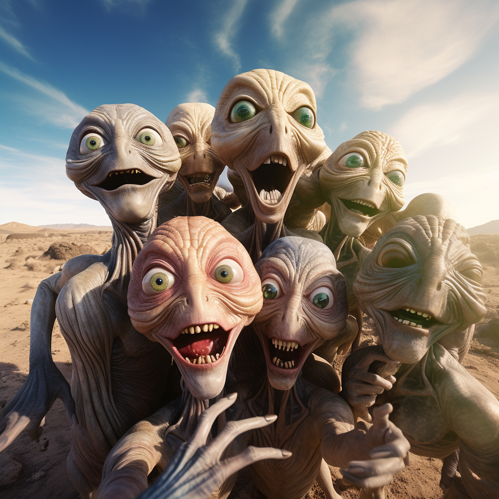 Group of aliens taking a selfie on Earth