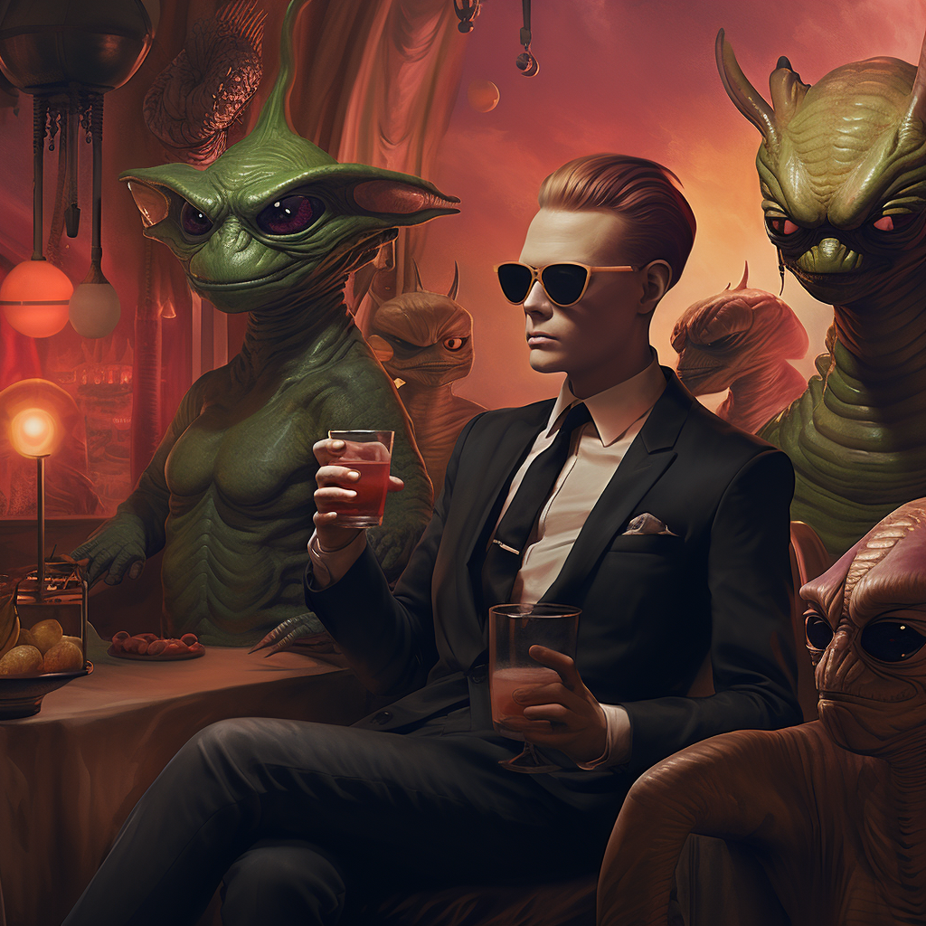 Stylish man enjoying wine with aliens