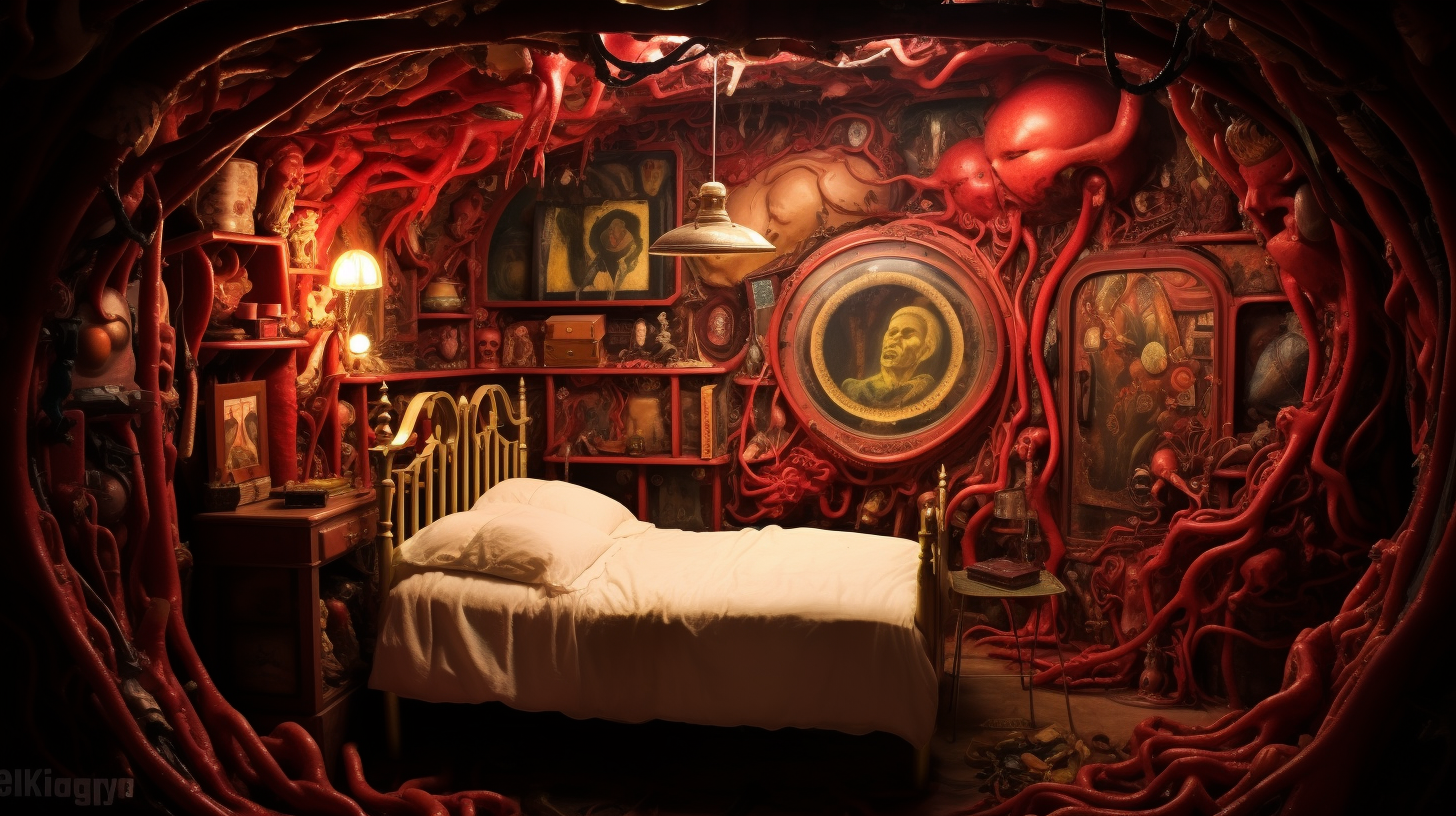 Image of alive human body inside bedroom