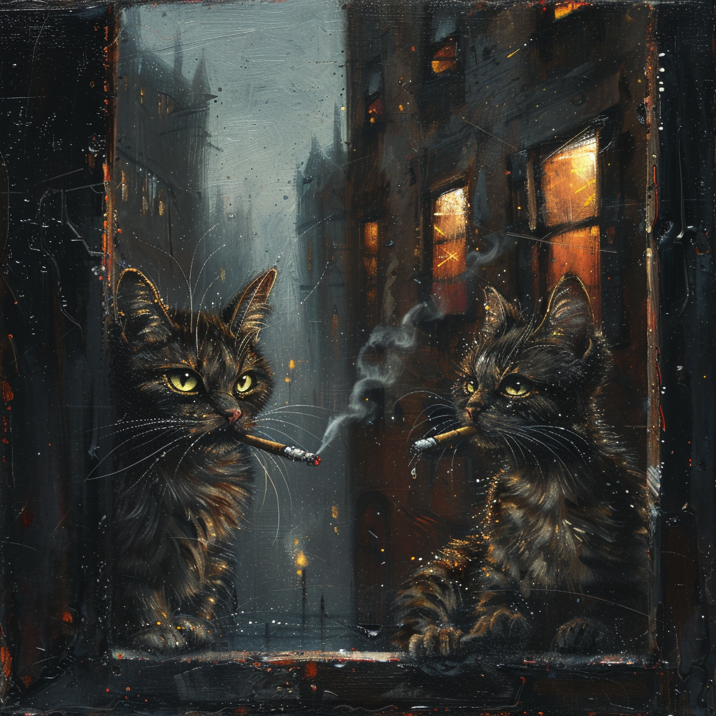 Cats smoking cigarettes outdoors