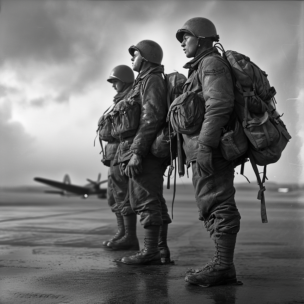 Allied soldiers standing on airfield in WWII