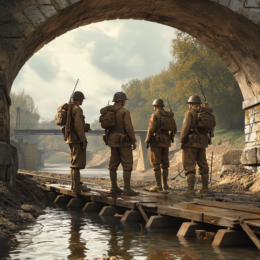 Photorealistic image of Allied soldiers on a bridge