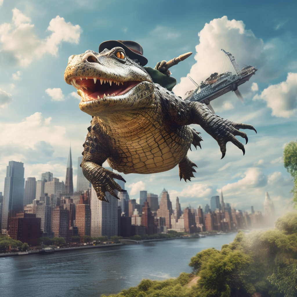 Alligator flying over New York skyline