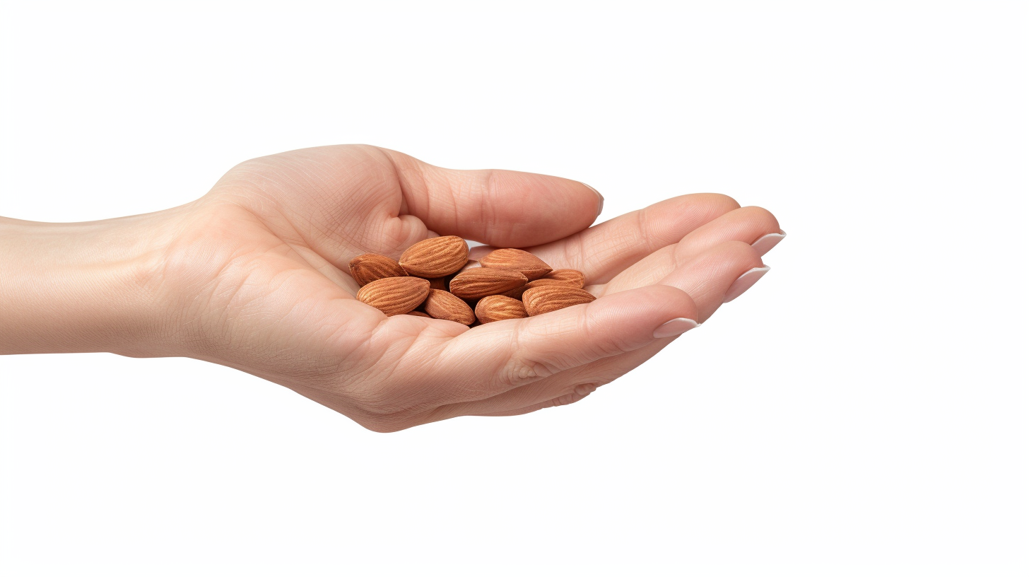 Female hand holding almonds