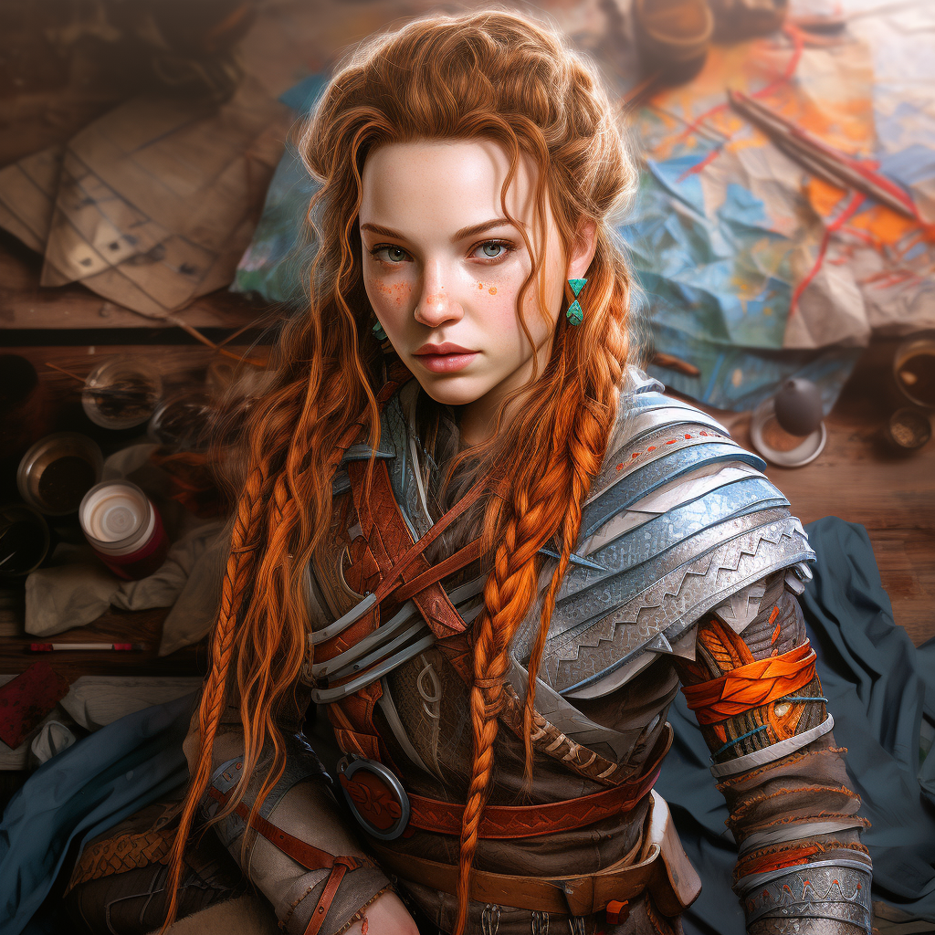 Photorealistic drawing of Aloy from Horizon Zero Dawn