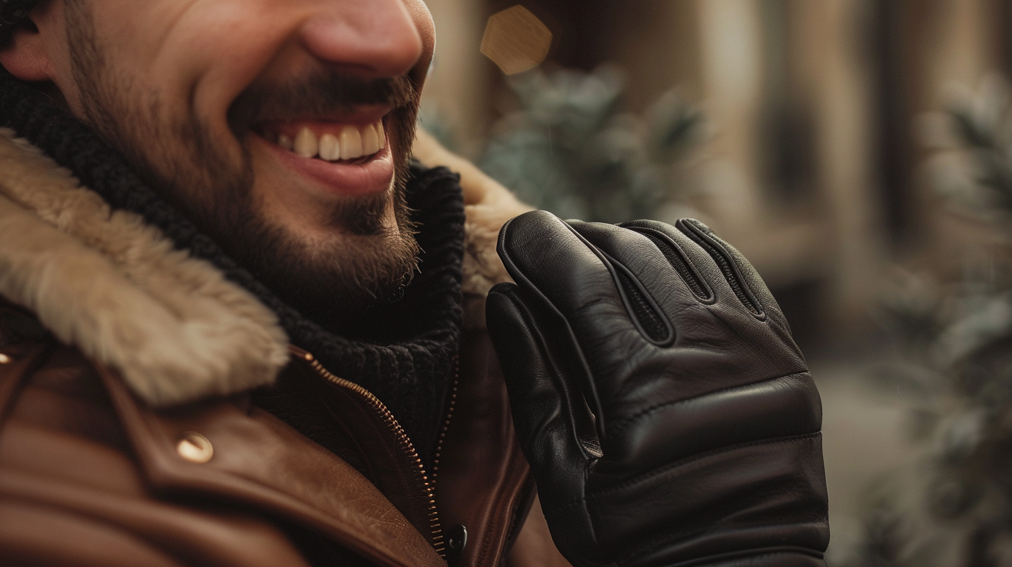 man wearing black leather gloves