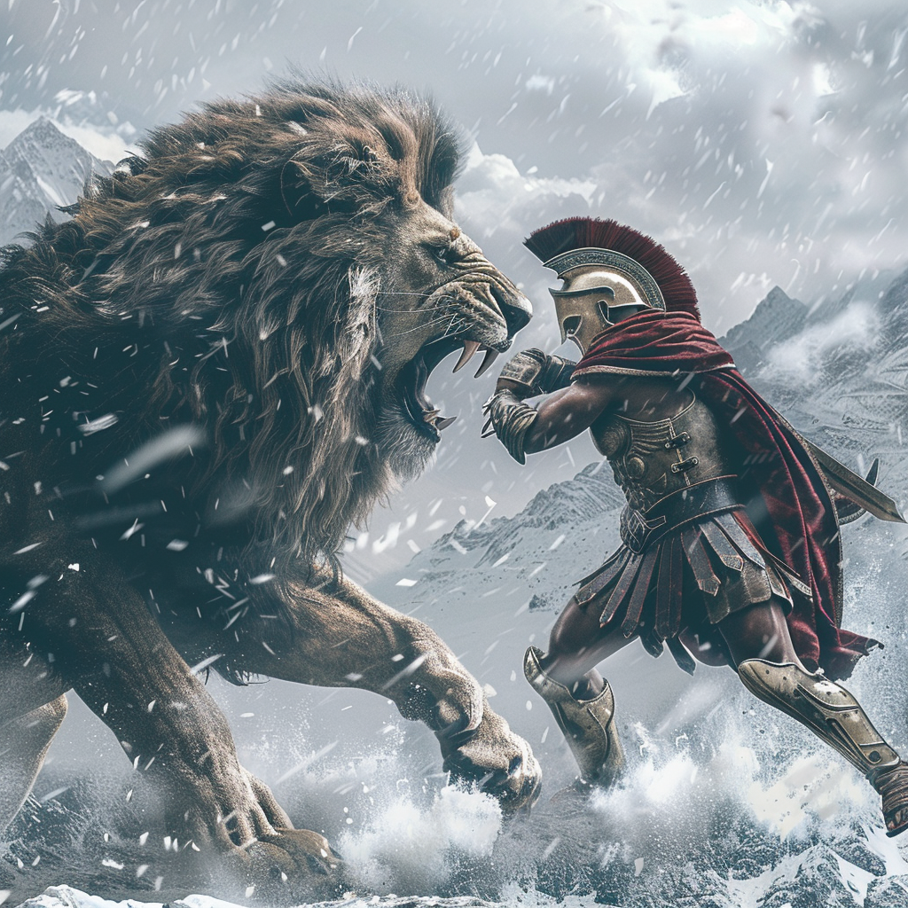 Spartan warrior fights lion snow mountains