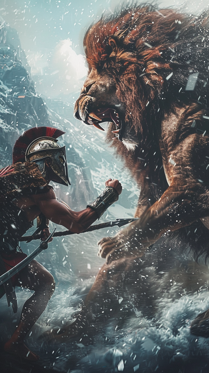 Spartan warrior fighting lion snowy mountain