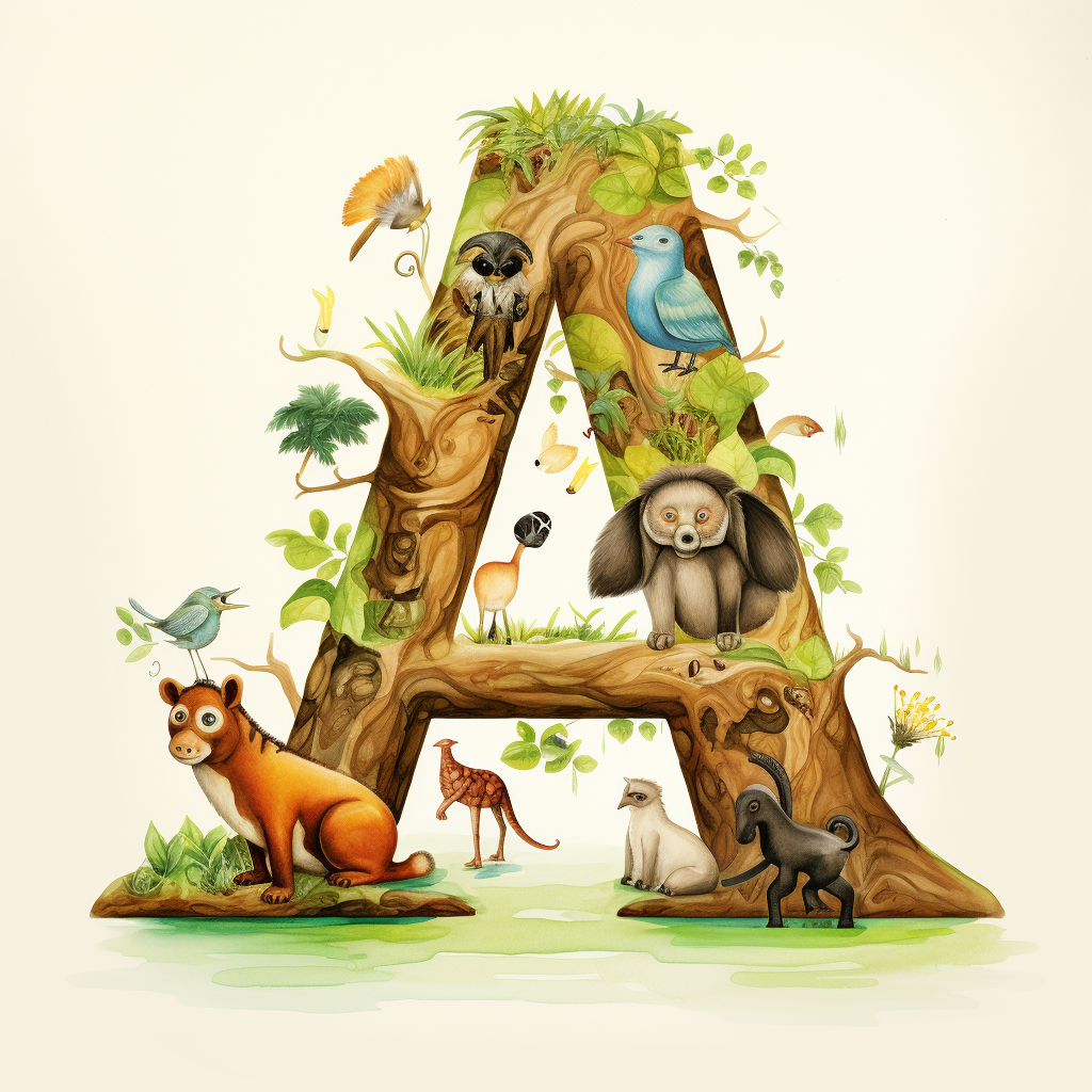 Watercolor alphabet poster with letter A and animal