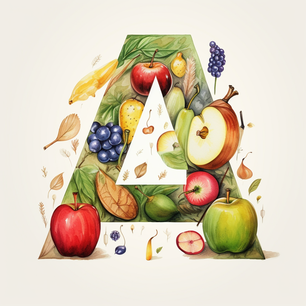 Illustration of letter A with apple and acorn