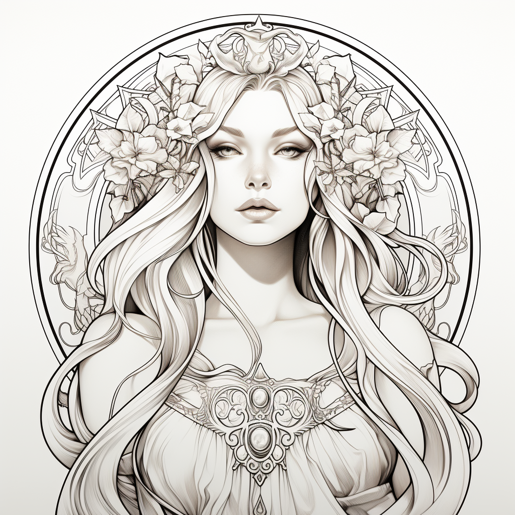 alphonse mucha inspired line art