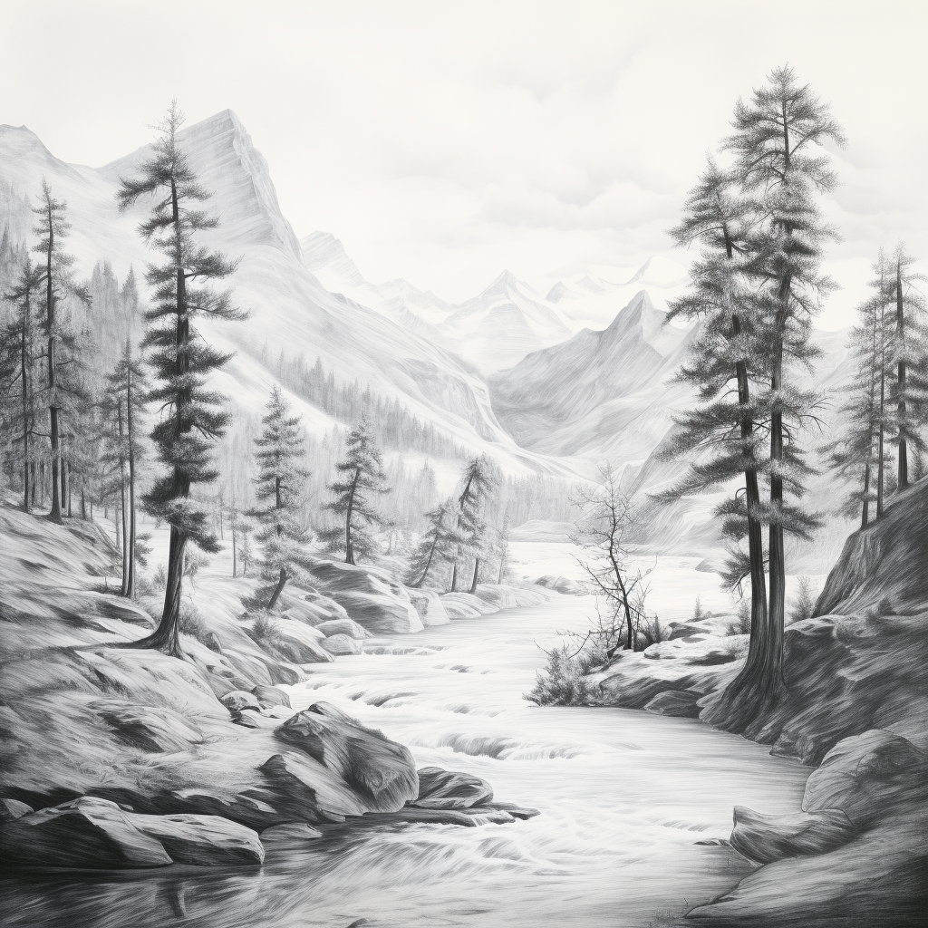 Abstract alpine landscape sketch with river and cedar tree