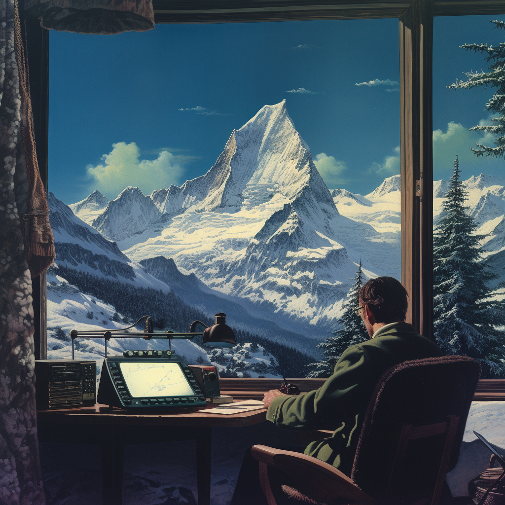 Computer advertisement in snow-covered alpine mountains