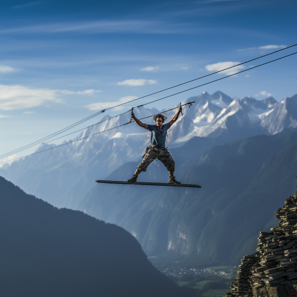 Man slacklining over majestic Alps