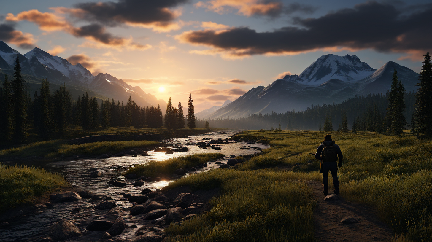 Man enjoying breathtaking alps landscape at sunset