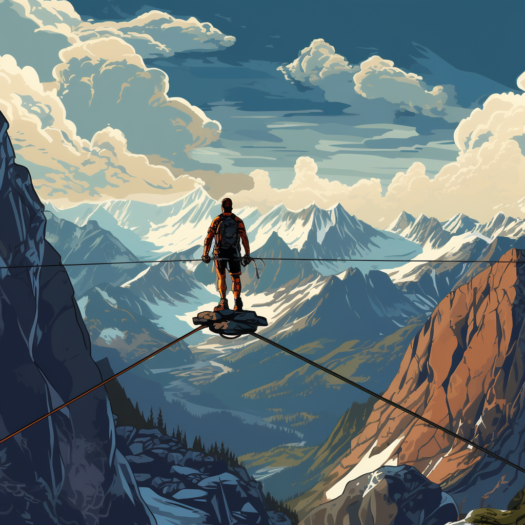 Man slacklining high above the breathtaking Alps