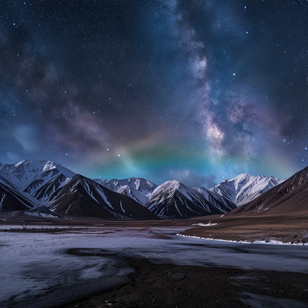 Altai Mountains at night with snow and rainbow