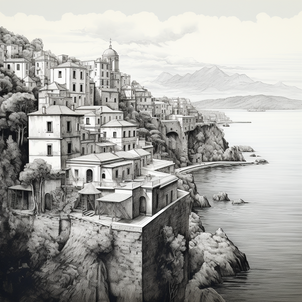 Amalfi coast village sea sketch