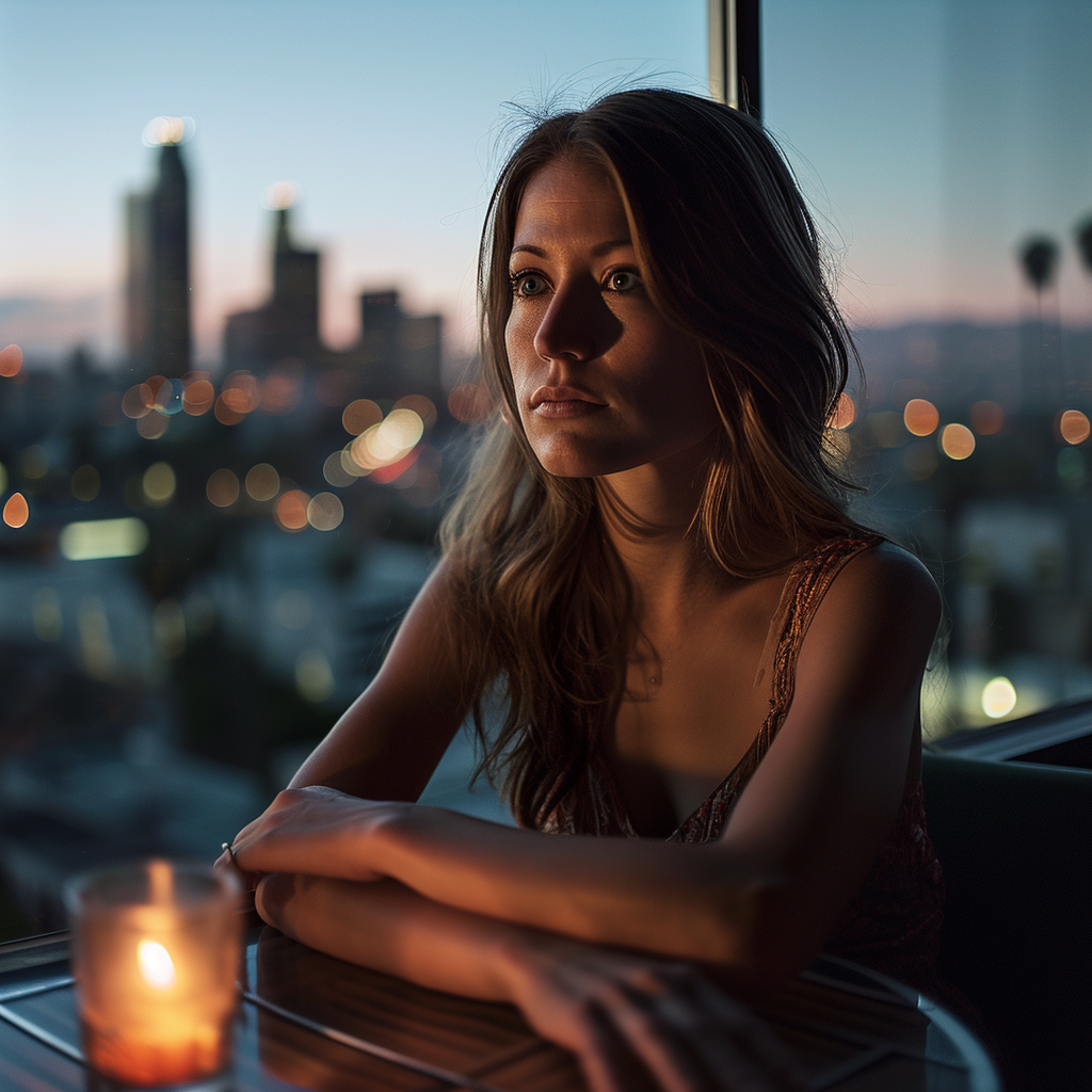 Amanda Crew at Standard Hotel, deep in thought