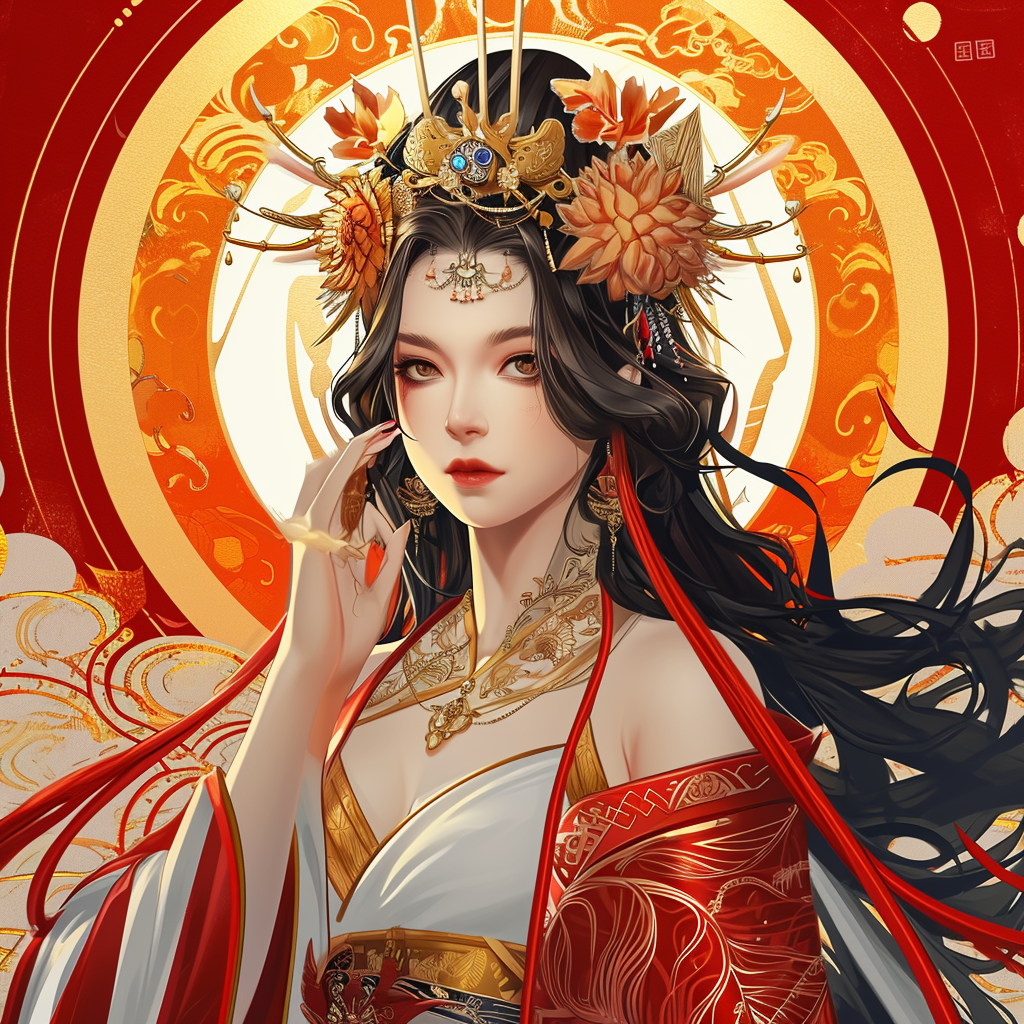 Asian sun goddess in Japanese folk clothing