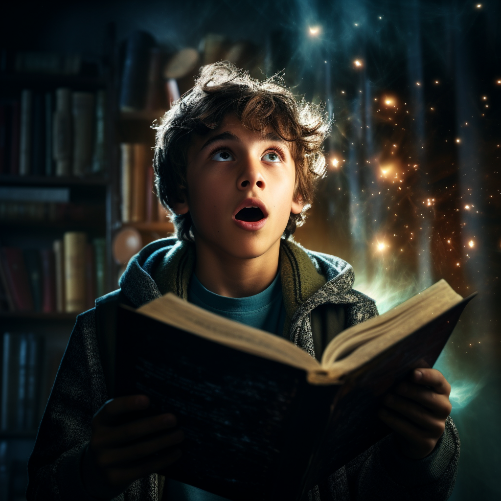 Teenage boy opening a book with light