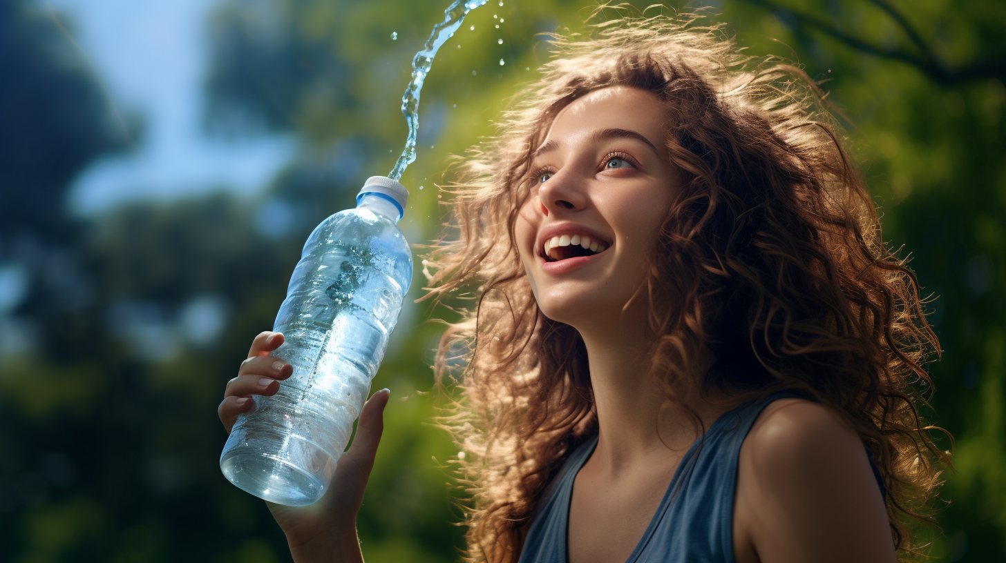 Smiling woman enjoying mineral water at the park