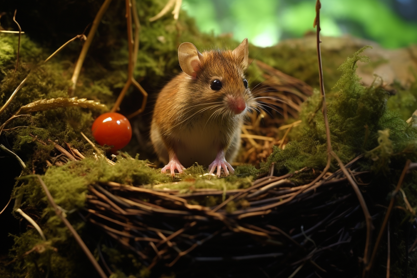 Mouse and baby bird with cheese in Black Forest