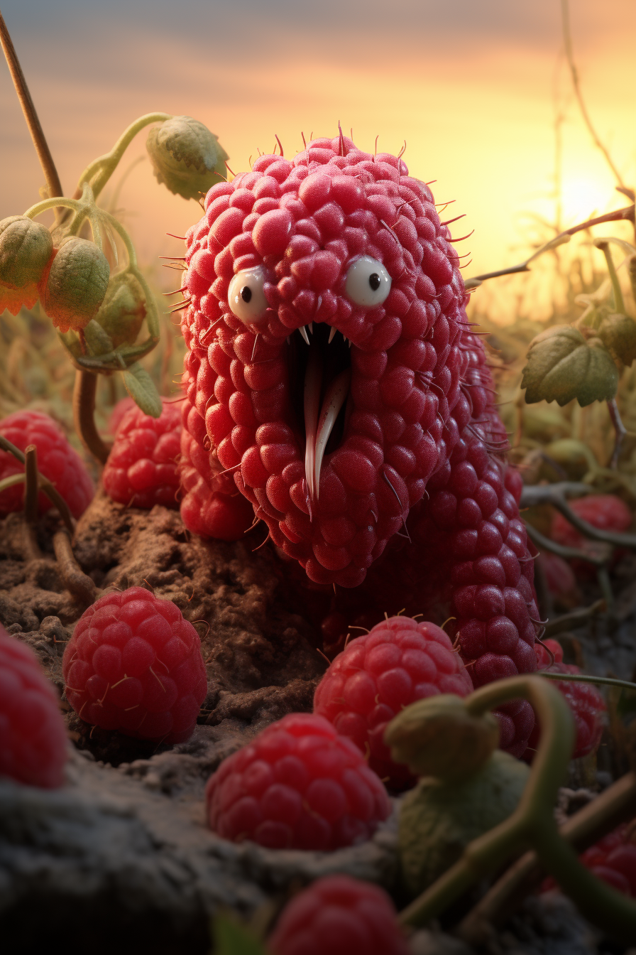 Majestic raspberry monster emerging from dark swamp