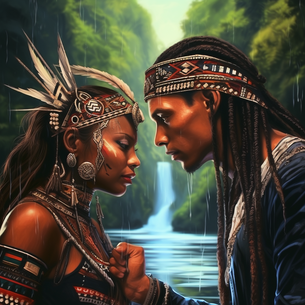 Tribe man and woman meeting in Amazon forest