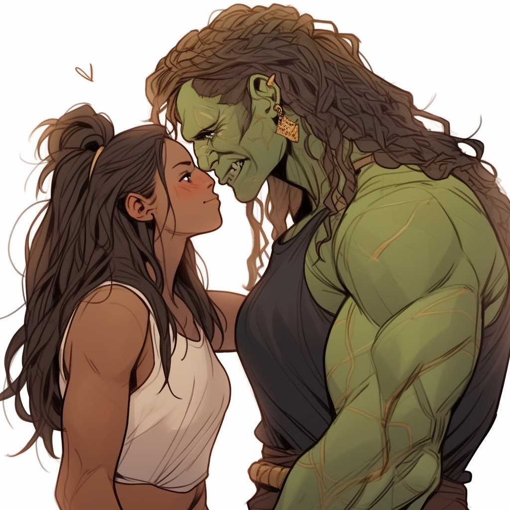 Muscular Amazonian Ogre girl kisses her cute human girlfriend