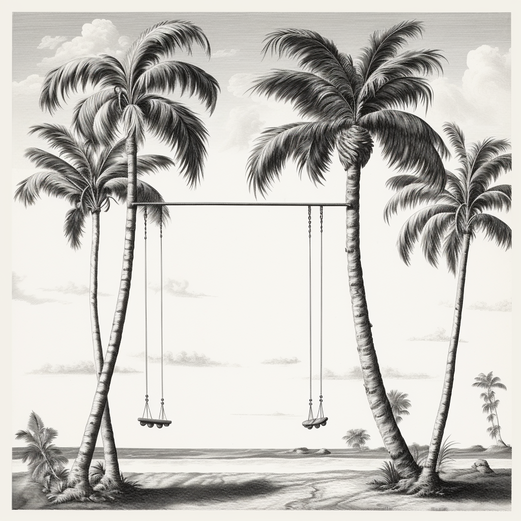 Black and white beach swing amidst palms