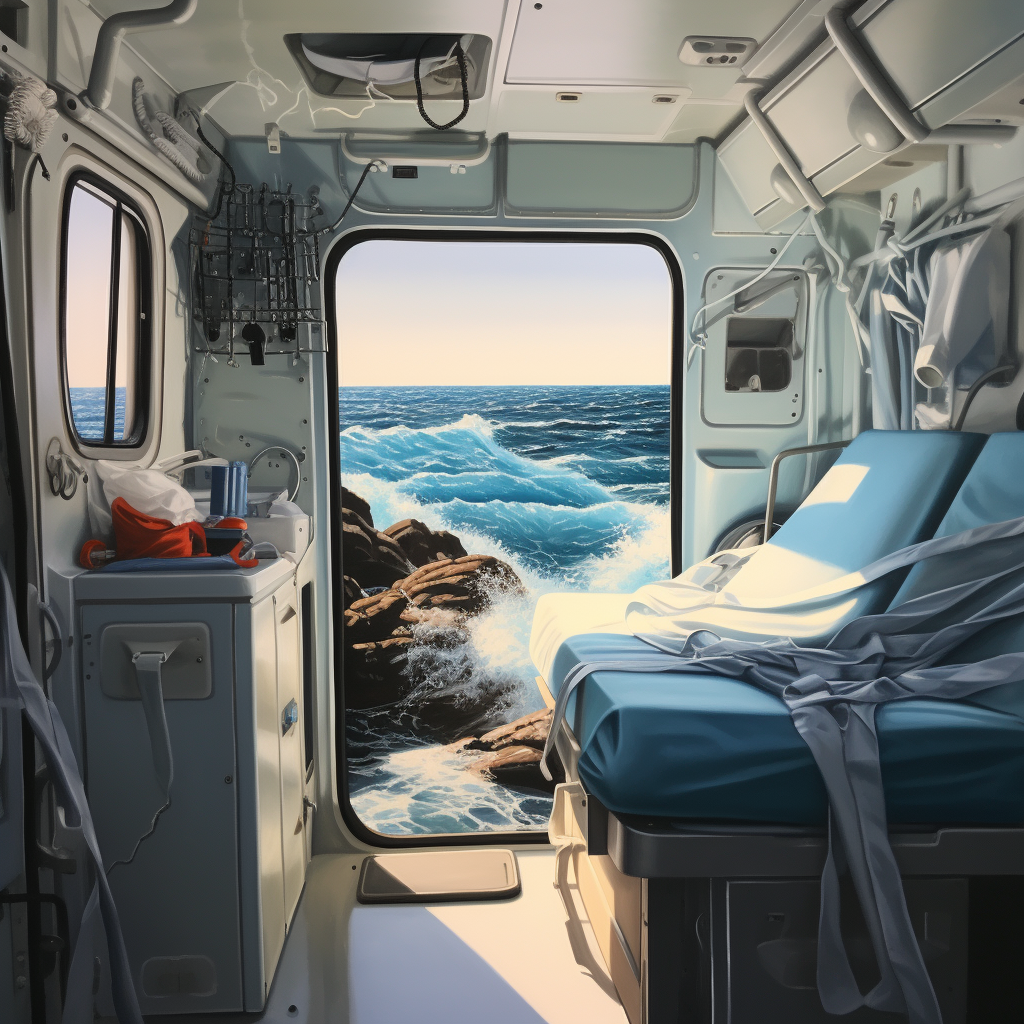 Trompe l'oeil of ambulance interior and seascape