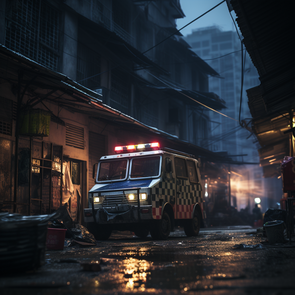 Ambulance with lights in slums streets