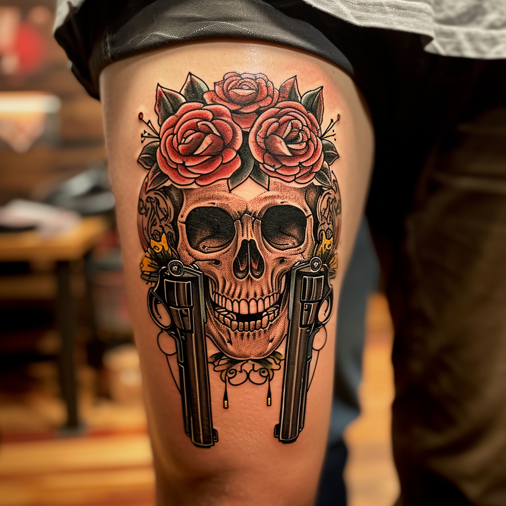 Iconic Americana Skull Tattoo with Guns