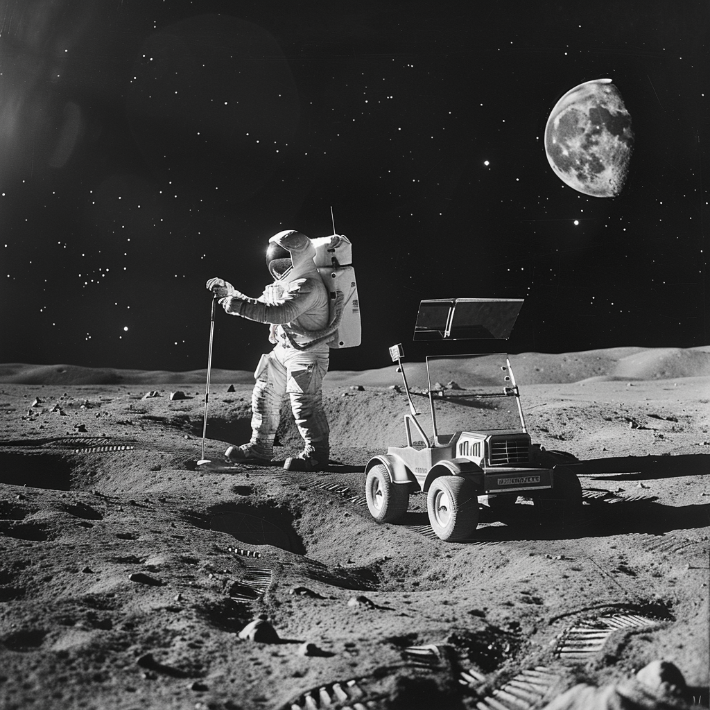 American astronaut swinging golf club on Moon's surface