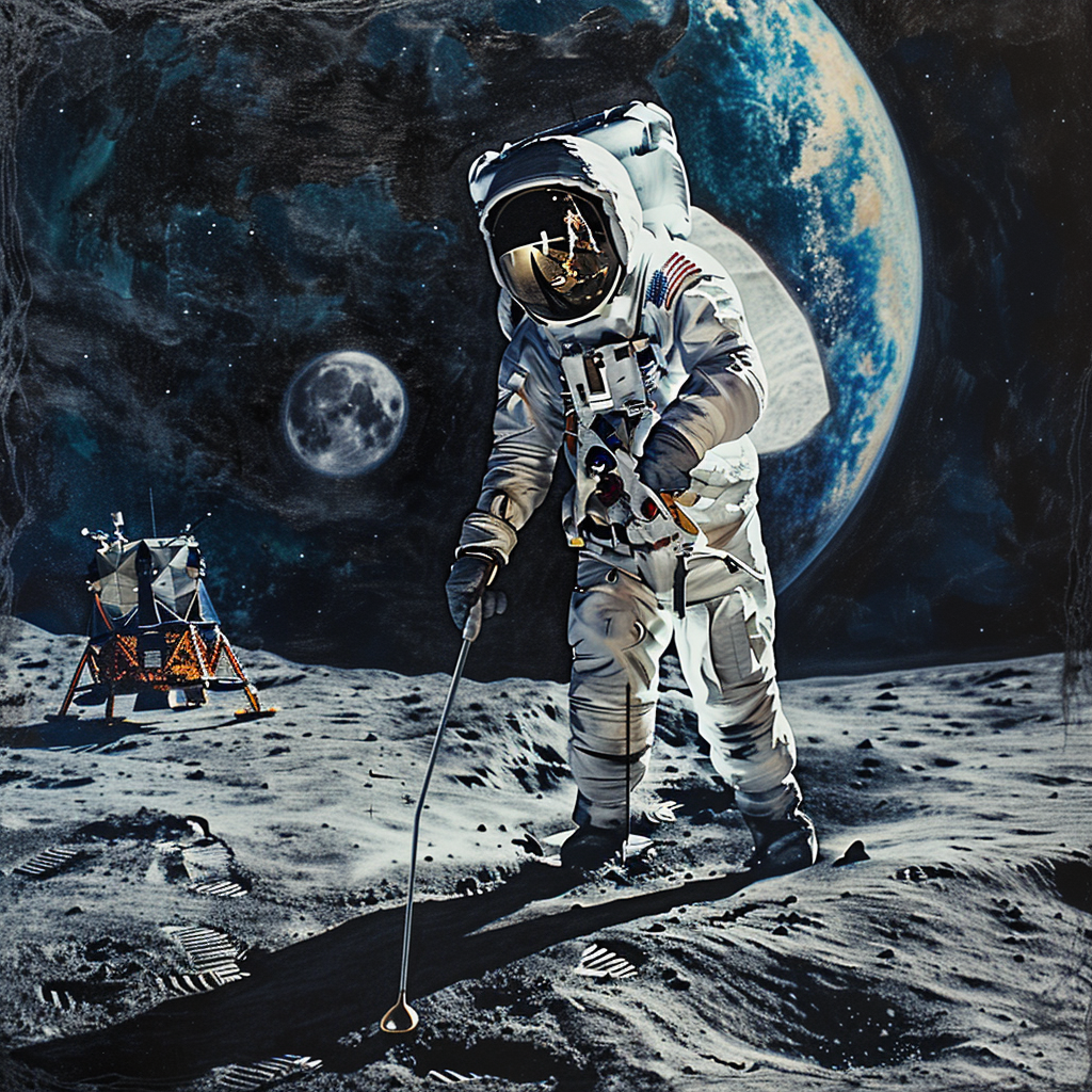 American astronaut swinging golf club on Moon