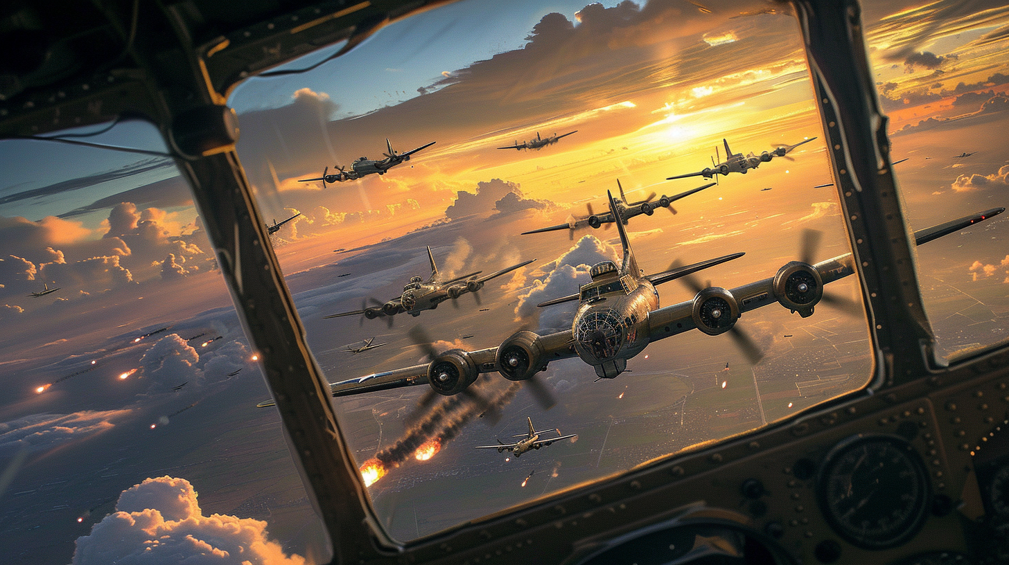 B17 Flying Fortress Bombers Formation at Sunset