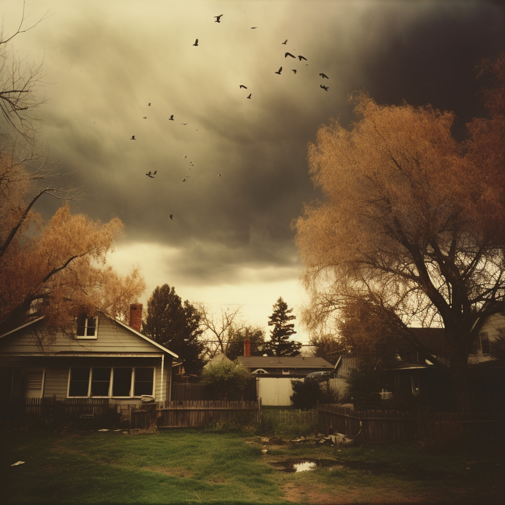 Analog photo of American backyard on a rainy day