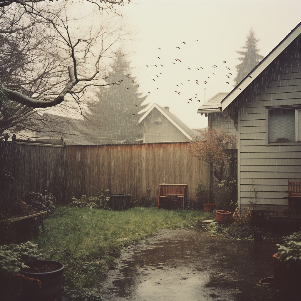 Analog photo of rainy American backyard with birds