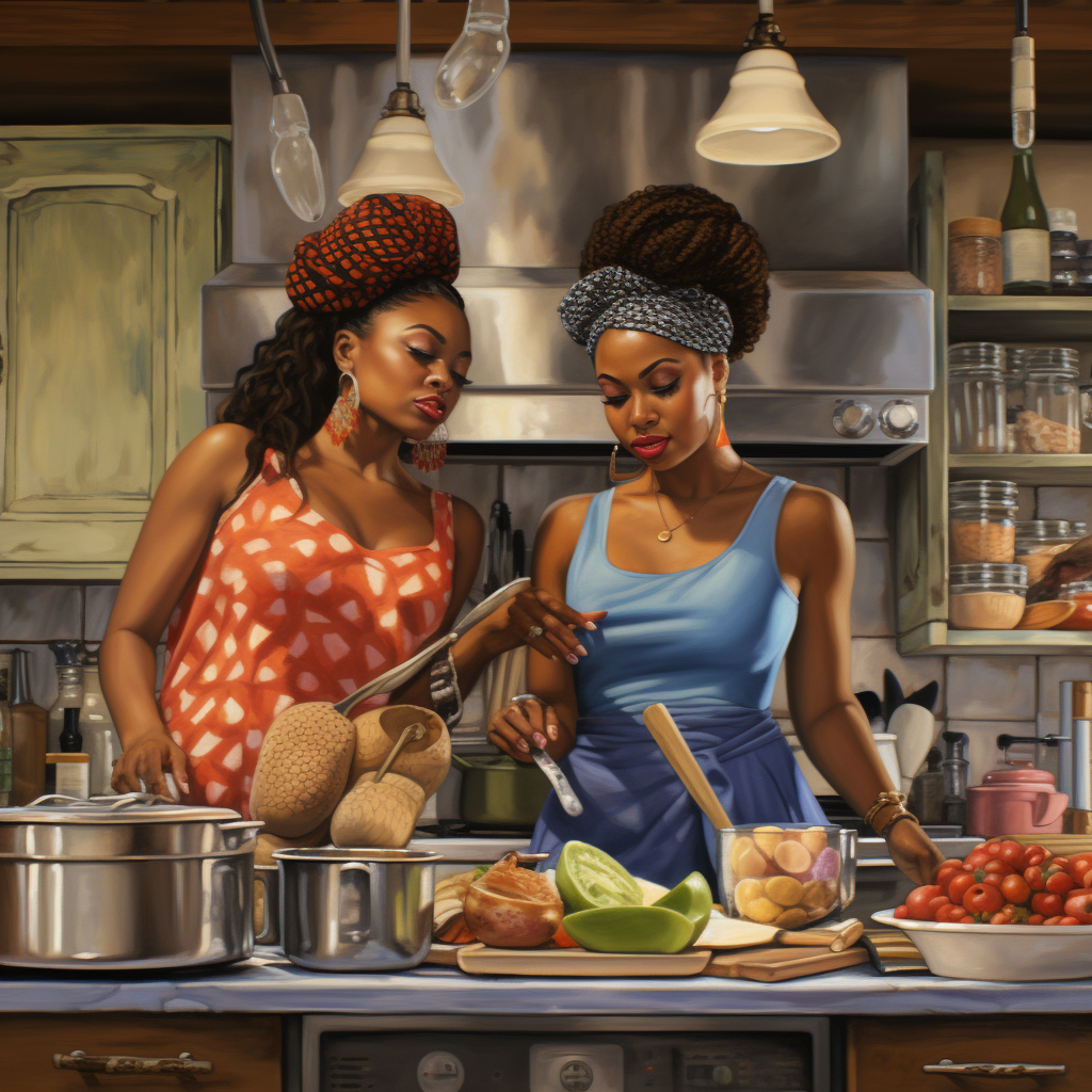 American black women shopping cooking in kitchen