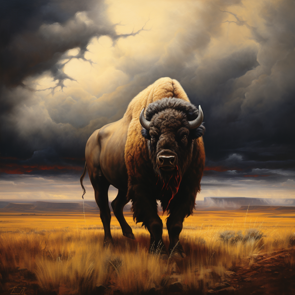 American Buffalo in Thunderstorm on Plains